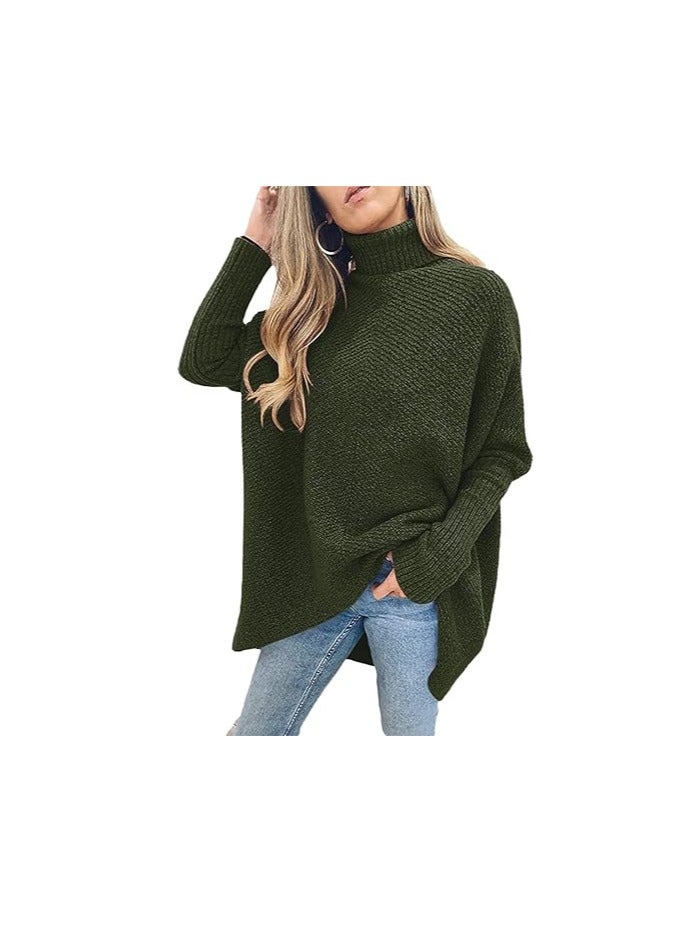 Womens Turtleneck Oversized Sweater 2023 Long Batwing Sleeve Asymmetric Hem Casual Knit Pullover Tunic Sweater