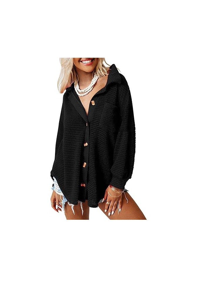 Womens Shackets Waffle Knit Casual Jackets Button Down Flannel Shirts Trendy Tops Fall Clothes 2023 Fashion Outfits