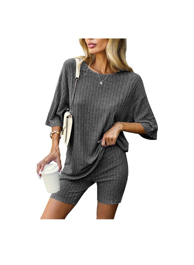 Pajamas 2 Piece Lounge Sets Ribbed Knit Matching Outfits T-shirt Biker Shorts Sleepwear Sweatsuits(Regular&Plus)