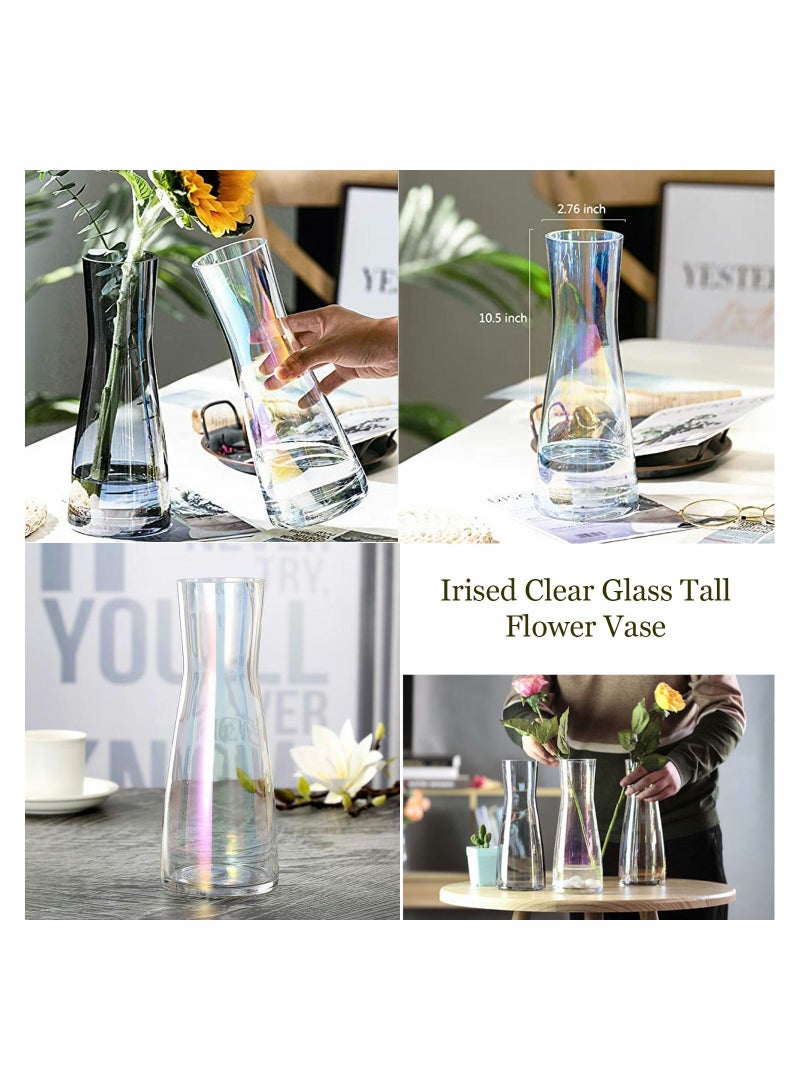 Irised Clear Glass Tall Flower Vase Thick Bottom Large Vases for Centerpieces Flowers Decor 10 Inch Big Decorative Living Room Kitchen Office Home Wedding