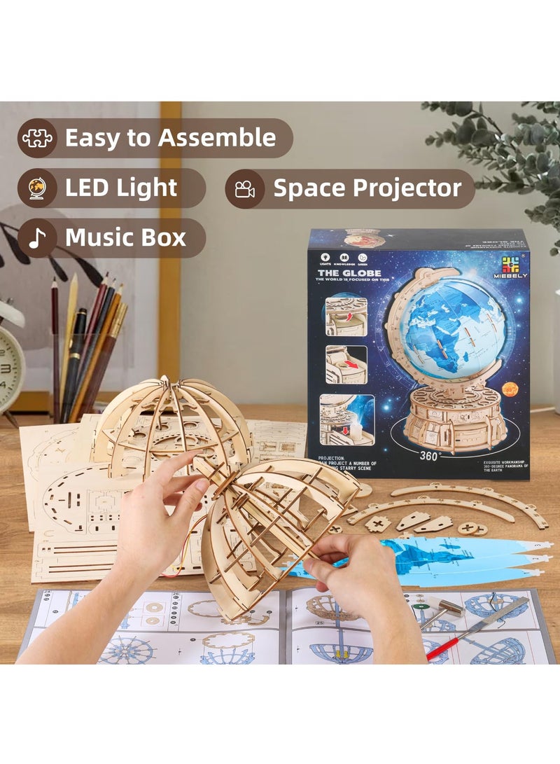 3D Wooden Puzzles for Adults USB Charging Illuminated Globe Music Box DIY LED Wood Model Building Kits with Space Projector Stem Toys for Kids Desk Decor for Boys/Girls Ages 8+