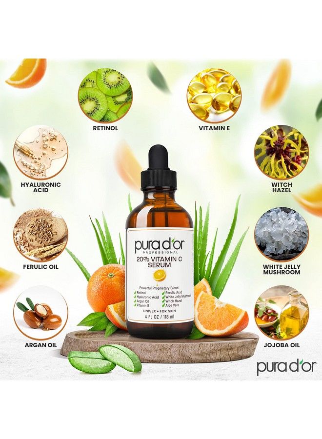 20% Vitamin C Serum (4Oz Best Value) Lightweight Maximum Strength FormulaHyaluronic AcidRetinolProfessional Grade Treatment For Face & EyesDark SpotsAcneWrinklesFor Men & Women