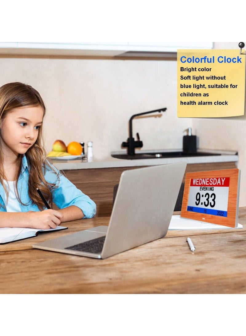 Digital Calendar Clock with Day and Date for Dementia Patients, (7in Woodgrain)Elderly's Friendly Memory Loss High Contrast Extra Large Display