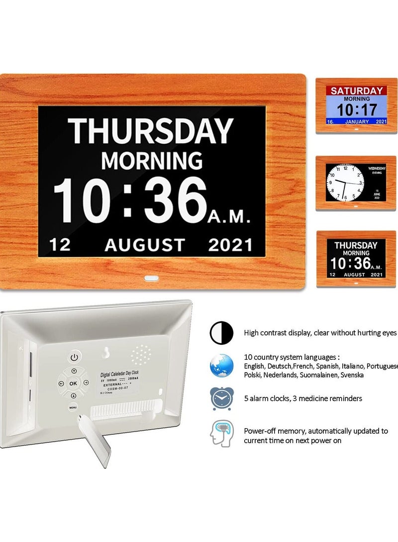 Digital Calendar Clock with Day and Date for Dementia Patients, (7in Woodgrain)Elderly's Friendly Memory Loss High Contrast Extra Large Display
