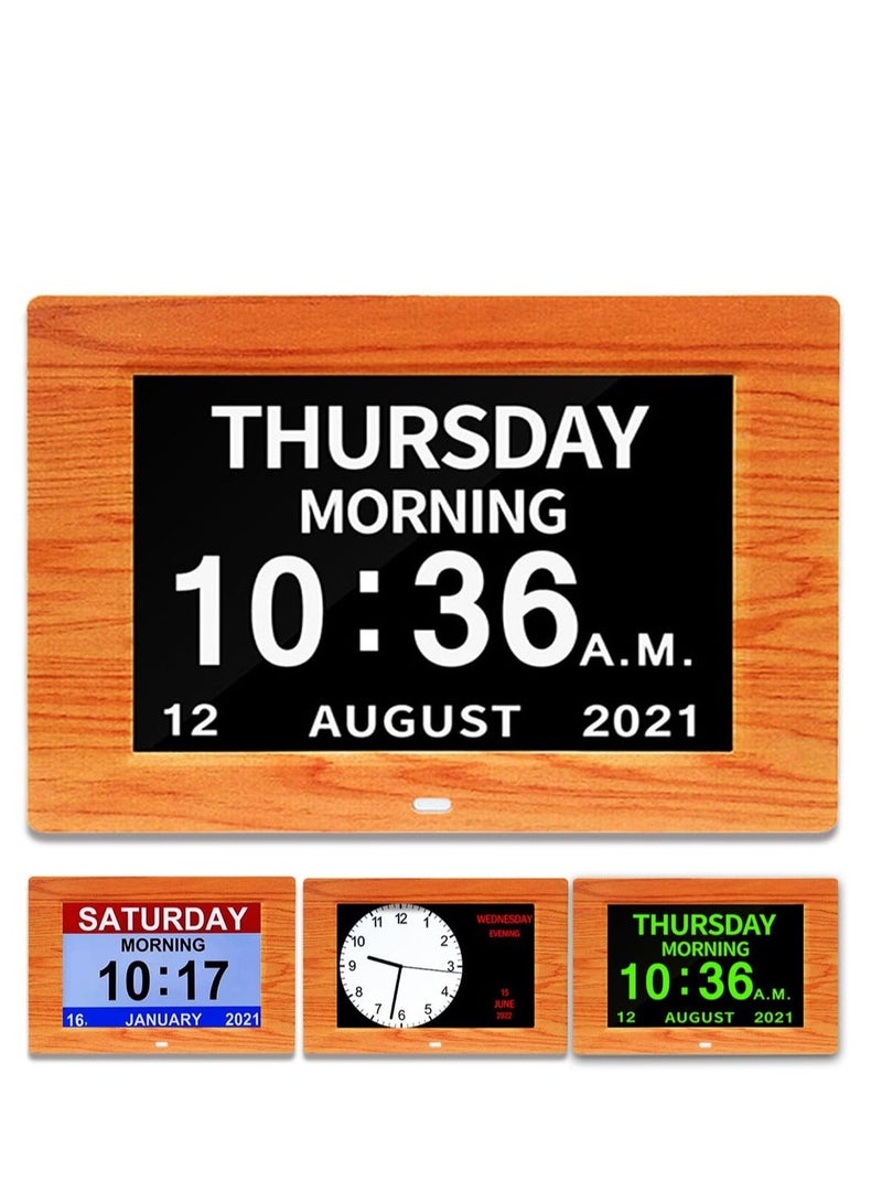 Digital Calendar Clock with Day and Date for Dementia Patients, (7in Woodgrain)Elderly's Friendly Memory Loss High Contrast Extra Large Display