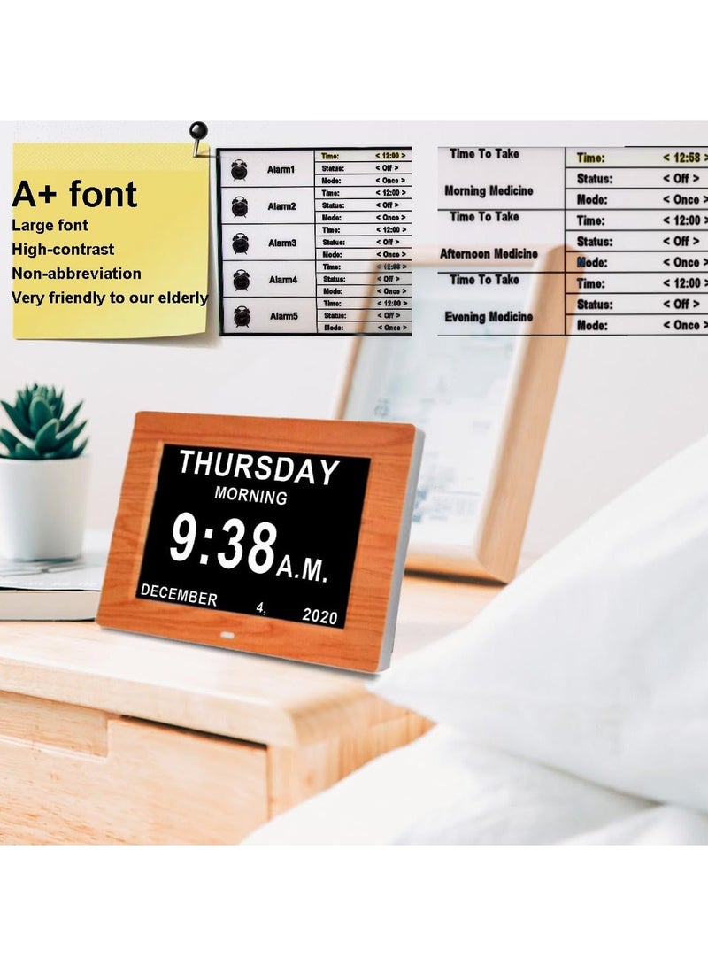 Digital Calendar Clock with Day and Date for Dementia Patients, (7in Woodgrain)Elderly's Friendly Memory Loss High Contrast Extra Large Display