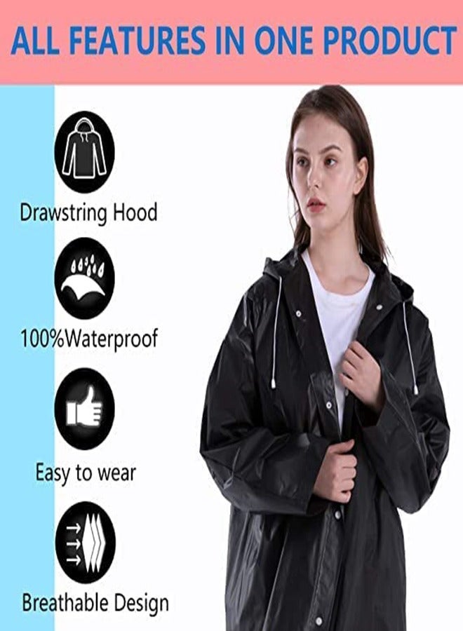 Rain Coats for Adults Reusable 1Pcs Thickened Transparent Light Raincoat with Hood and Elastic Cuff Sleeves EVA Rain Ponchos Rain Jackets Raincoats for Men Women for Family Fishing Travel (Black)