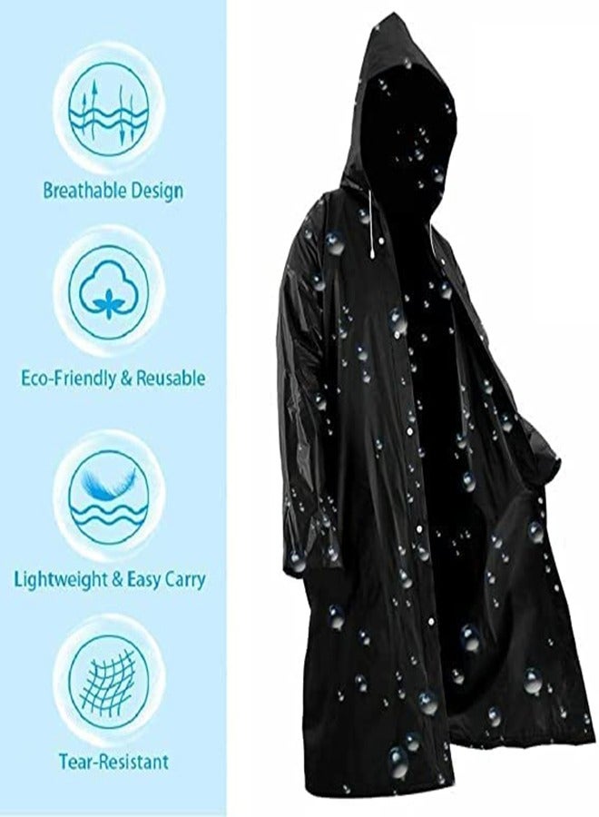 Rain Coats for Adults Reusable 1Pcs Thickened Transparent Light Raincoat with Hood and Elastic Cuff Sleeves EVA Rain Ponchos Rain Jackets Raincoats for Men Women for Family Fishing Travel (Black)