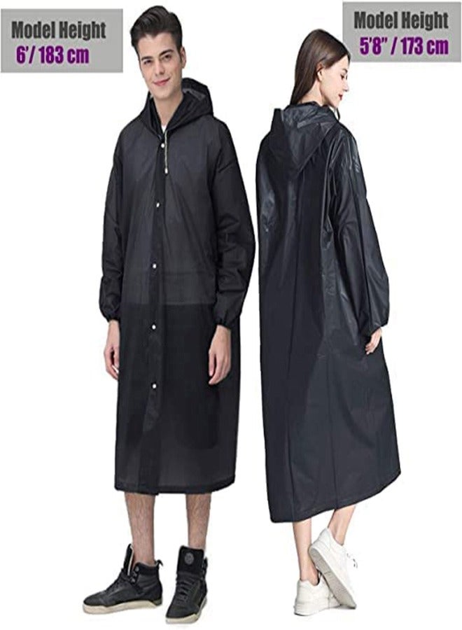 Rain Coats for Adults Reusable 1Pcs Thickened Transparent Light Raincoat with Hood and Elastic Cuff Sleeves EVA Rain Ponchos Rain Jackets Raincoats for Men Women for Family Fishing Travel (Black)