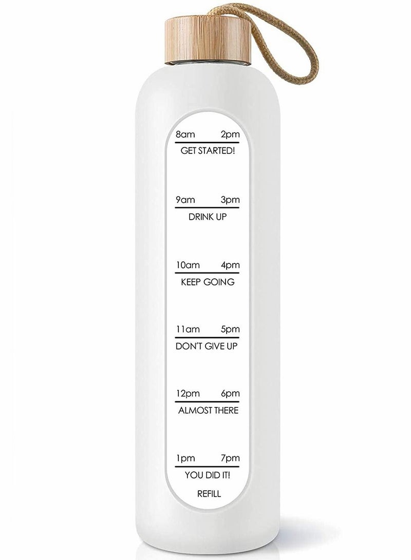 32 Oz Borosilicate Glass Water Bottle with Time Marker Reminder Quotes, Leak Proof Reusable BPA Free Motivational Silicone Sleeve and Bamboo Lid (White)