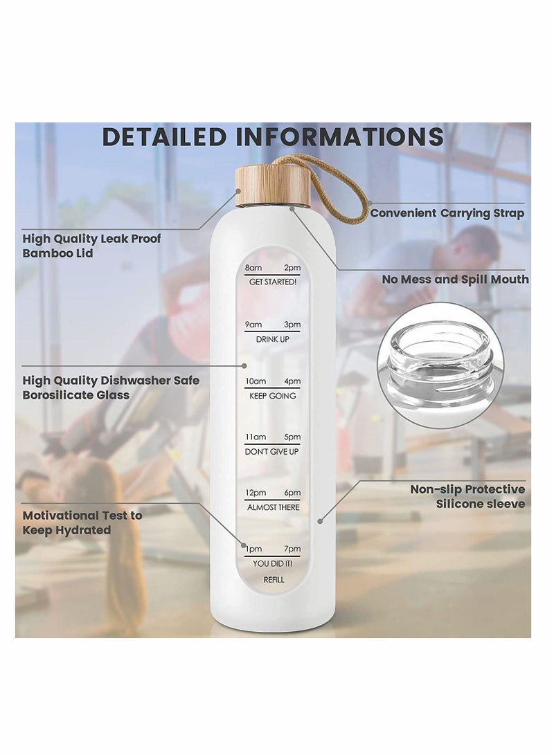 32 Oz Borosilicate Glass Water Bottle with Time Marker Reminder Quotes, Leak Proof Reusable BPA Free Motivational Silicone Sleeve and Bamboo Lid (White)