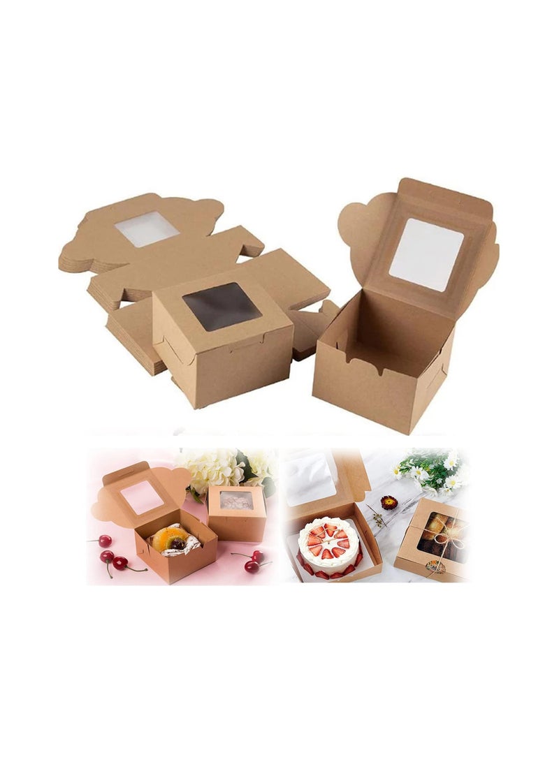 Bakery Boxes 4x4x2.5 Inches, 10 Pack Small Brown Cake Box Small Kraft Cookie Boxes with Window for Cupcakes, Pies, Donuts