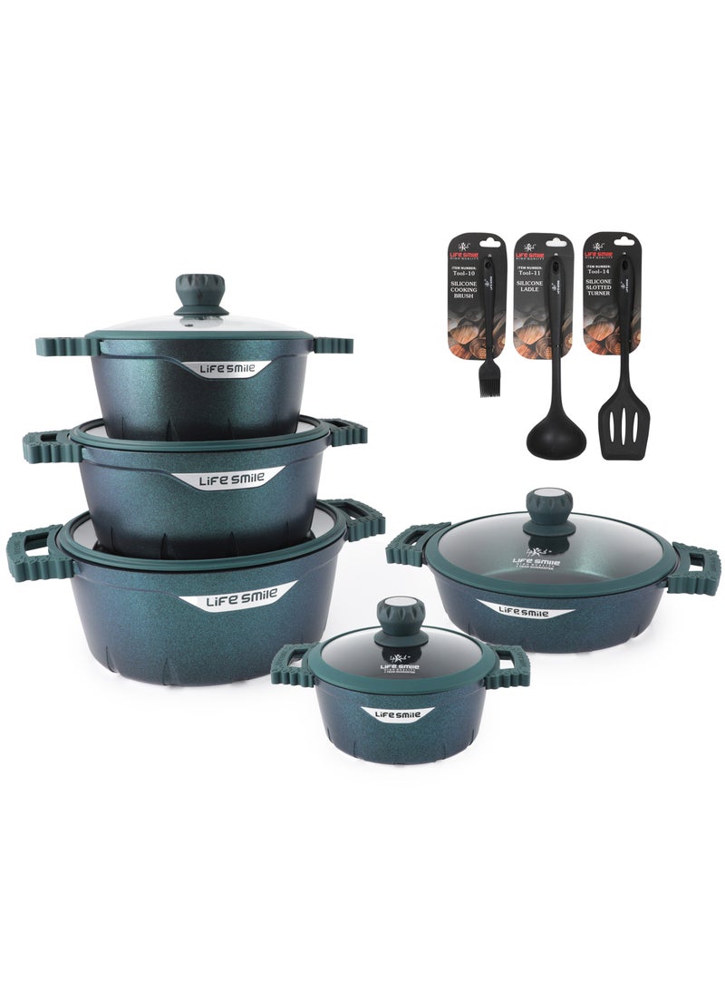 Cookware Set 13 pieces - LIFE SMILE Pots and Pans set Granite Non Stick Coating 100% PFOA FREE, Induction Base Cooking Set include Casseroles & Shallow Pot & Fry Pans & Silicone Utensils