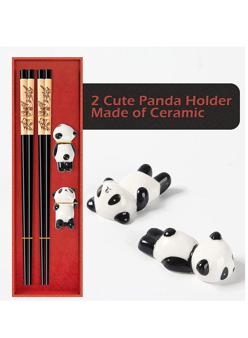 Chopsticks and Panda Holder,2 Pairs Reusable with Delicate box, Washable Dishwasher Safe, Natural Wooden Chinese Japanese Korean Classic Stylish Easy To Use Non-Slip