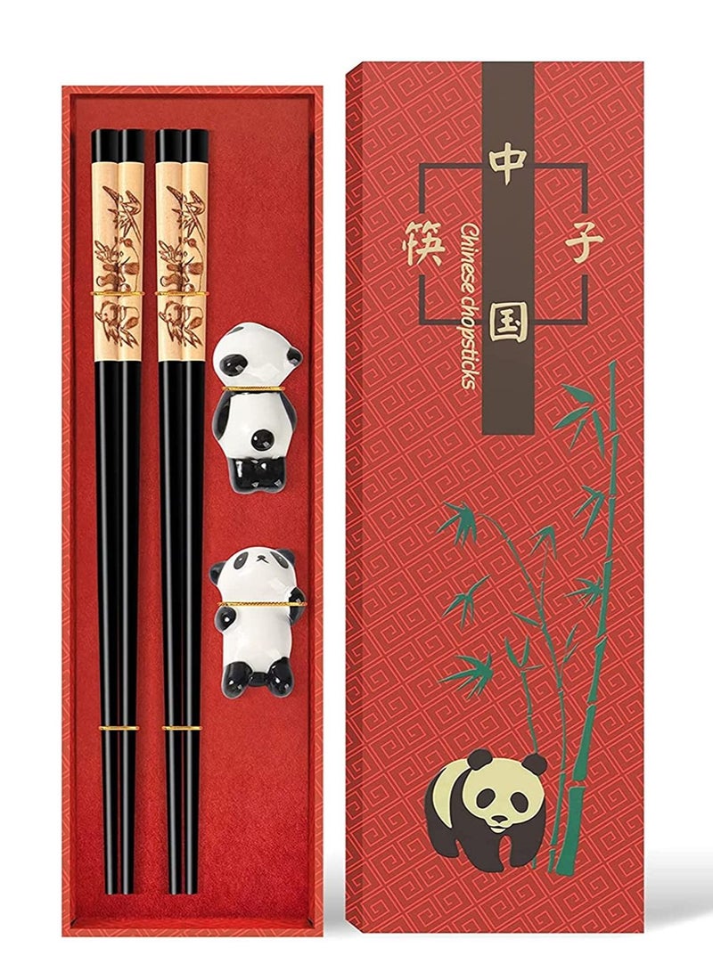 Chopsticks and Panda Holder,2 Pairs Reusable with Delicate box, Washable Dishwasher Safe, Natural Wooden Chinese Japanese Korean Classic Stylish Easy To Use Non-Slip