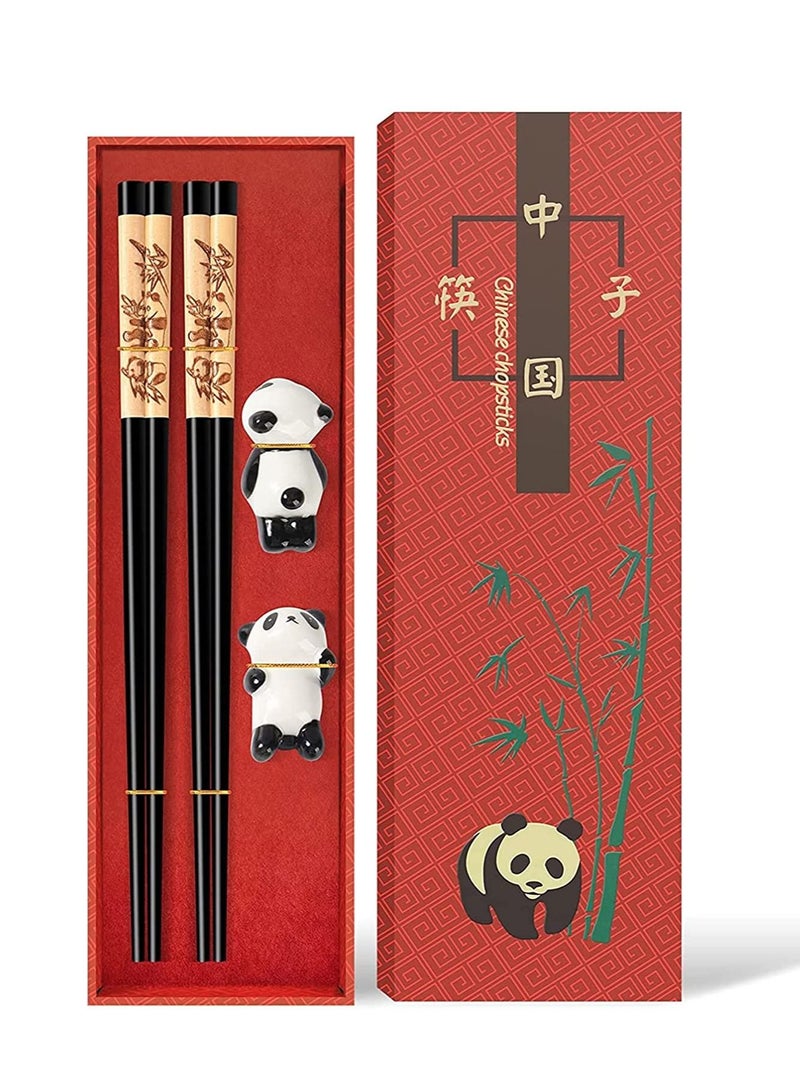 Chopsticks and Panda Holder,2 Pairs Reusable with Delicate box, Washable Dishwasher Safe, Natural Wooden Chinese Japanese Korean Classic Stylish Easy To Use Non-Slip