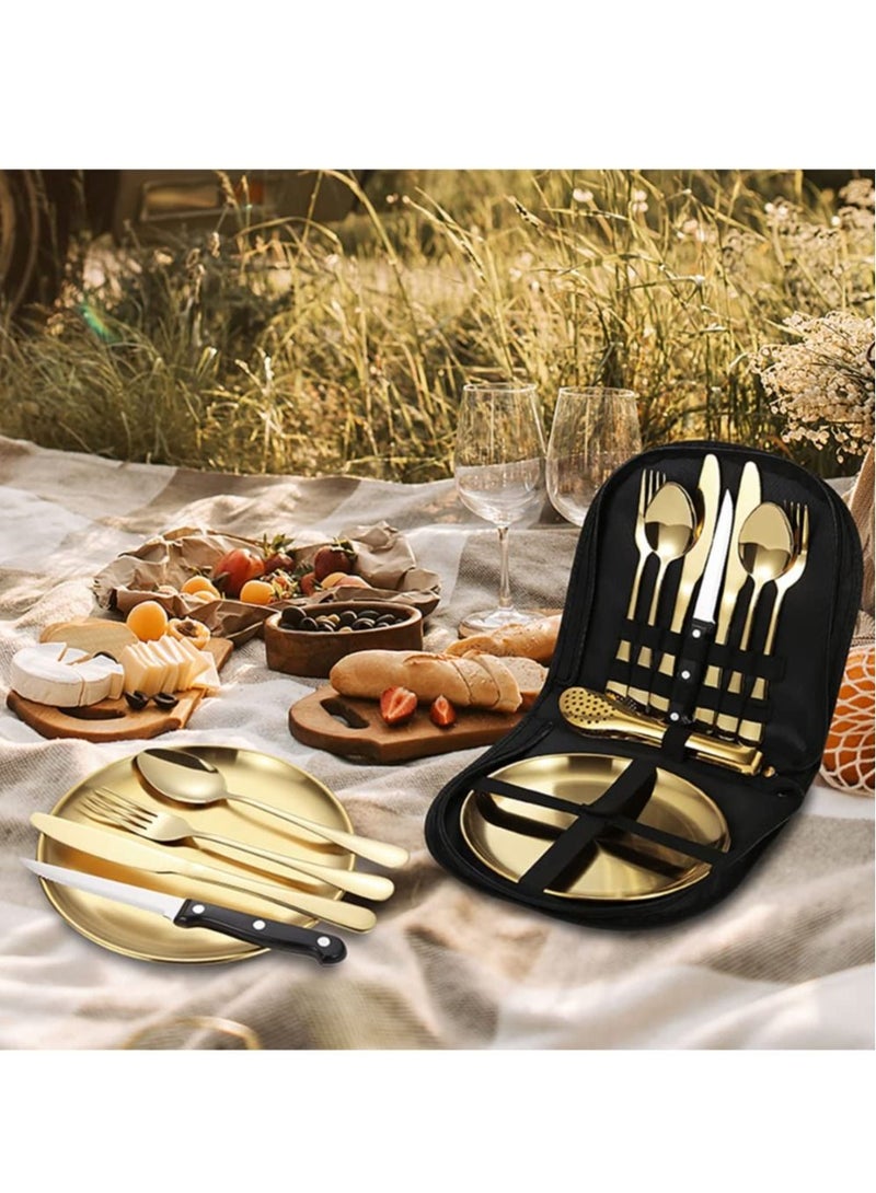 Stainless Steel Tableware Set for Camping and Picnics - Portable 10 Piece Kit with Knife, Fork, Spoon, Plate, Steak Clip