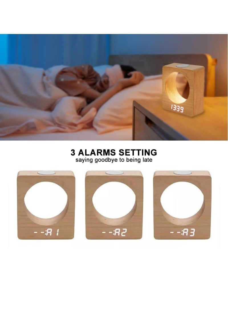 Wooden Digital LED Alarm Clock, Mini with Night Light, 3 Settings, Time Display and Temperature Detect, for Bedroom, Bedside, Desk, Kids