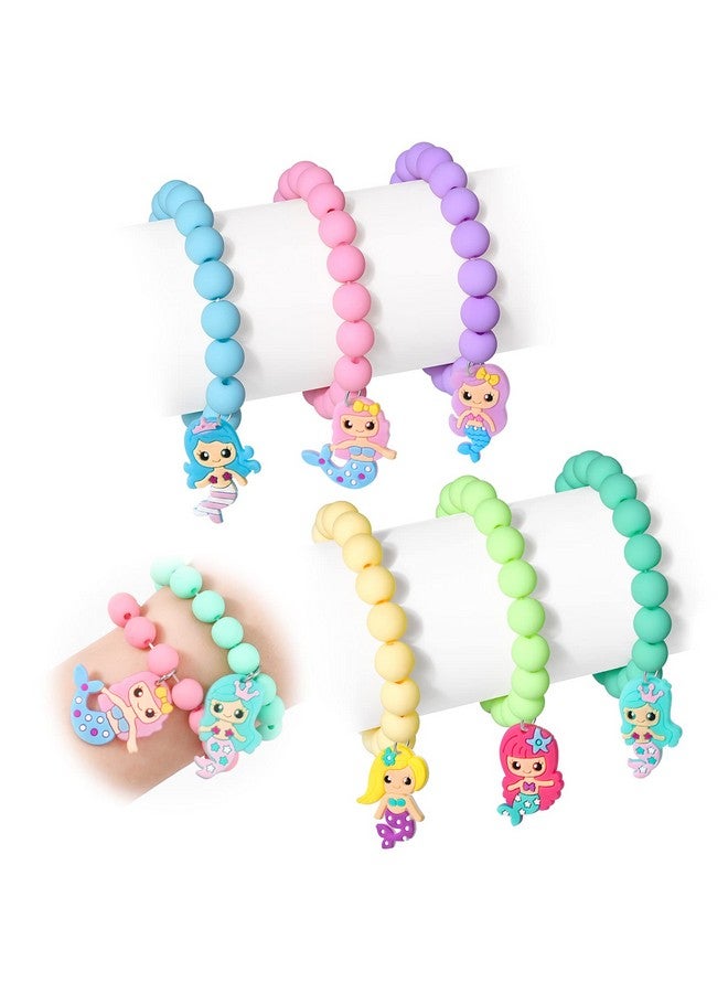 6 Pieces Mermaid Beaded Bracelets For Girls Silicone Mermaid Pendant Bracelet Kids Jewelry Bracelets Set Princess Dress Up Party Favor Gift (Random Colors)