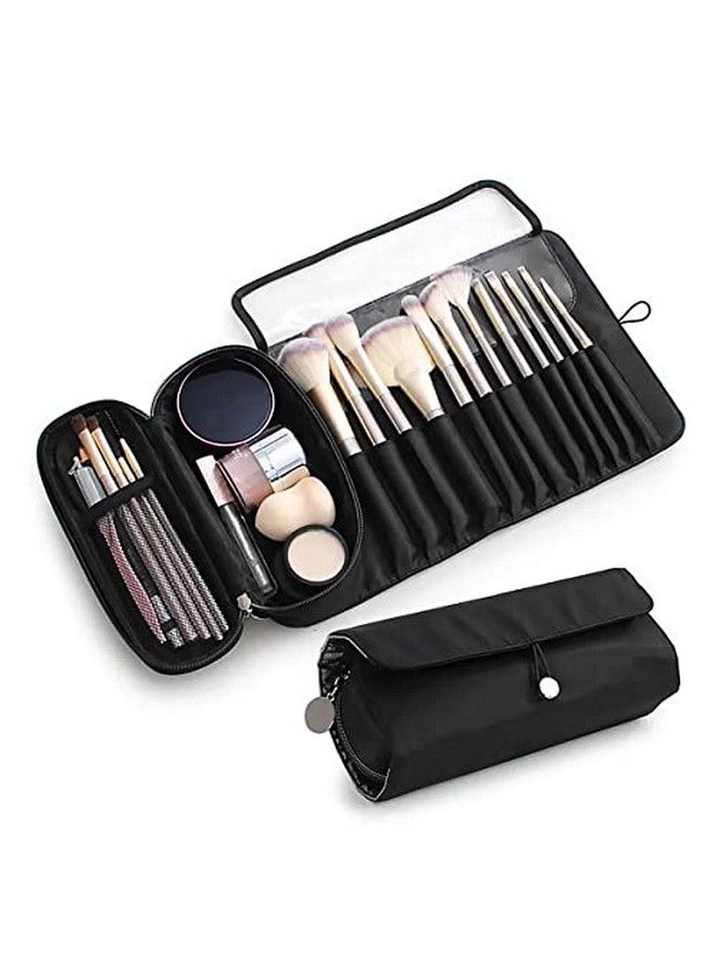 Makeup Brush Holder Travel Makeup Brush Organizer Cosmetic Bag Roll Up Storage Case Pouch With 12 Brush Sleeve Zipper & Mesh Pouch Waterproof & Dustproof