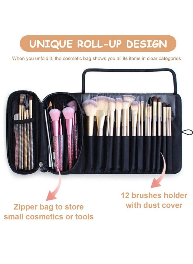 Makeup Brush Holder Travel Makeup Brush Organizer Cosmetic Bag Roll Up Storage Case Pouch With 12 Brush Sleeve Zipper & Mesh Pouch Waterproof & Dustproof