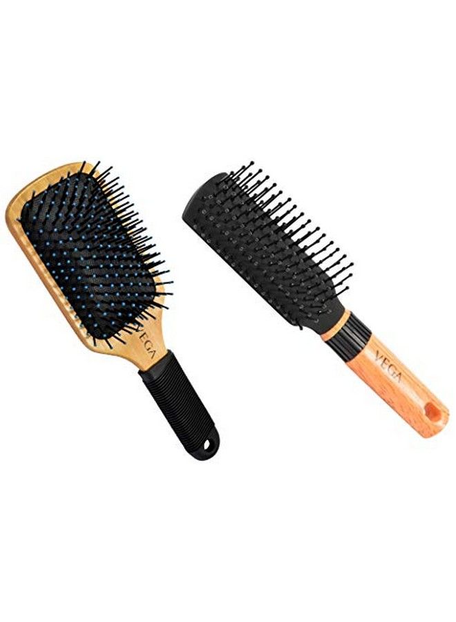 Premium Collection Wooden Paddle Hair Brush & Mini Flat Brush With Wooden Colored Handle And Black Colored Brush Head
