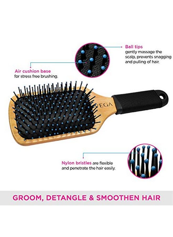 Premium Collection Wooden Paddle Hair Brush & Mini Flat Brush With Wooden Colored Handle And Black Colored Brush Head