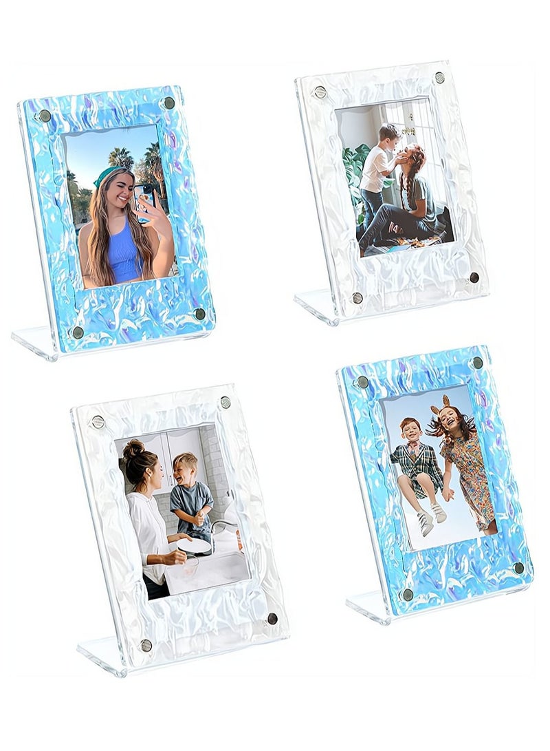 Picture Frames 4 Pack Mini Acrylic Magnetic 2x3 Frame L-shaped Wave Fridge Compatible Tabletop Display and Magnet