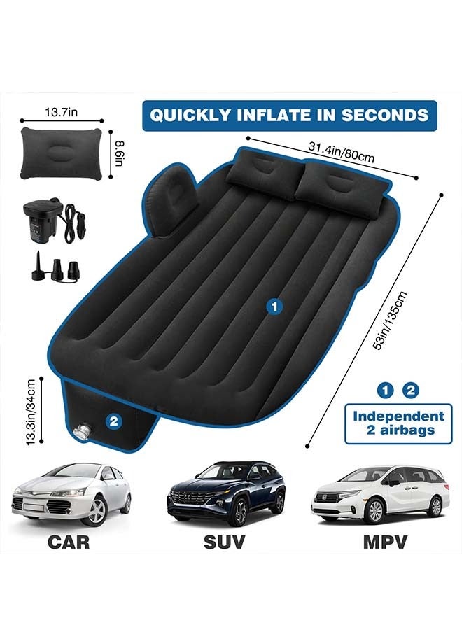 SUV Air Mattress - Thickened and Double Car Sided Flocking Travel Inflatable Bed with Electric Pump 2 Pillows, Sleeping for Home Outdoor Travel, Black