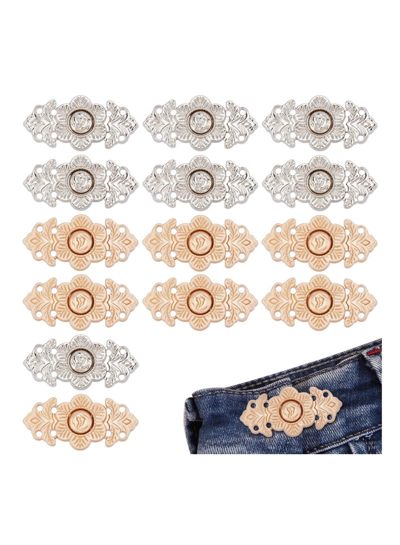 16 Pcs Adjustable Waist Buckles, Fashion Vintage Flower Jean Sewing Button for Women, Nail-Free Jeans Buckles DIY Pants Clips Dresses