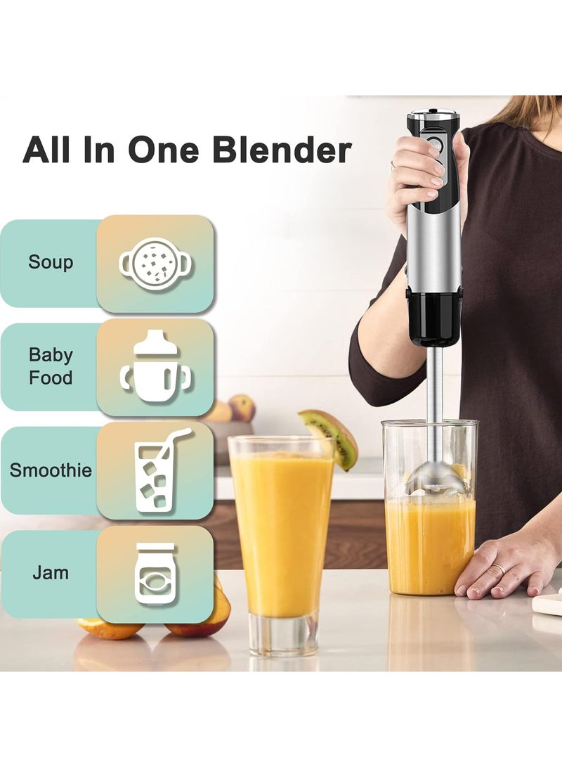 6-in-1 Hand  Blender, 600W 12 Speed Handheld Blender with 600ml Beaker, 500ml Chopper, Egg Whisk, Milk Frother, Stainless Steel Blades for Soup, Smoothie, Puree