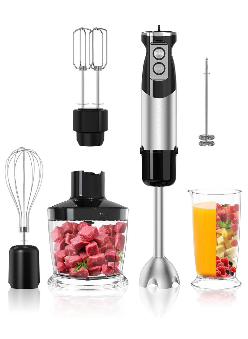 6-in-1 Hand  Blender, 600W 12 Speed Handheld Blender with 600ml Beaker, 500ml Chopper, Egg Whisk, Milk Frother, Stainless Steel Blades for Soup, Smoothie, Puree