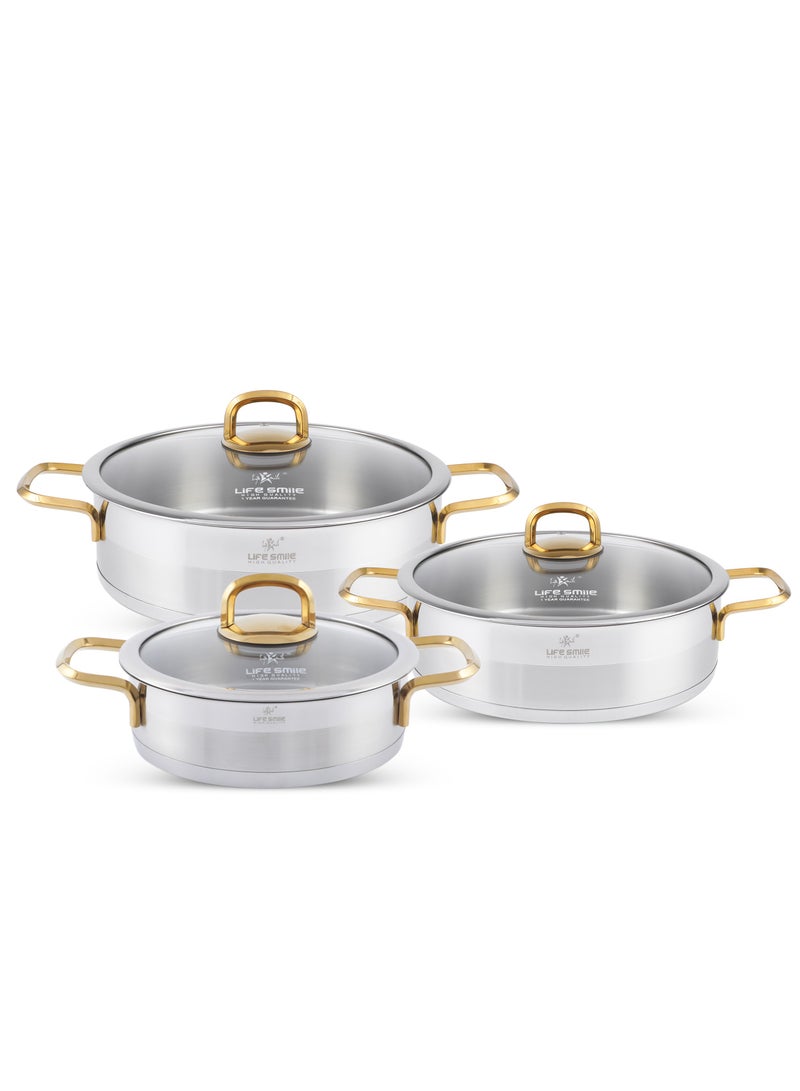 6-Piece President Series Premium 18/10 Stainless Steel Shallow Cooking Pot Set - Induction 3-Ply Thick Base Casserroles 20/24/28cm with Glass Lid for Even Heating Oven Safe Silver