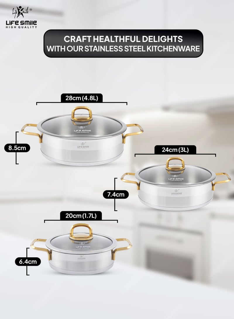 6-Piece President Series Premium 18/10 Stainless Steel Shallow Cooking Pot Set - Induction 3-Ply Thick Base Casserroles 20/24/28cm with Glass Lid for Even Heating Oven Safe Silver