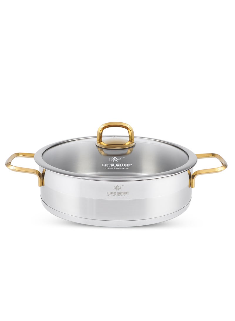 President Series Premium 18/10 Stainless Steel Shallow Cooking Pot - Induction 3-Ply Thick Base Casserrole with Glass Lid for Even Heating Oven Safe Silver Gold