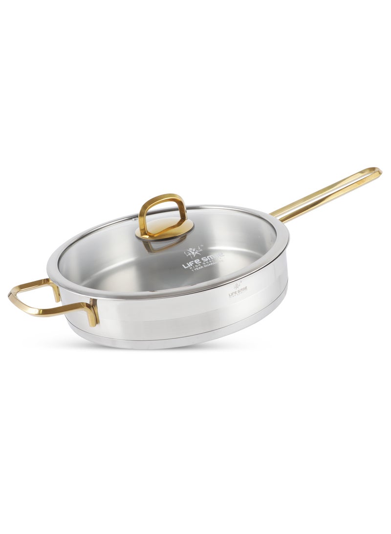 President Series Premium 18/10 Stainless Steel Frying Pan - Induction 3-Ply Thick Base Fry Pan with Glass Lid for Even Heating Oven Safe Silver Gold