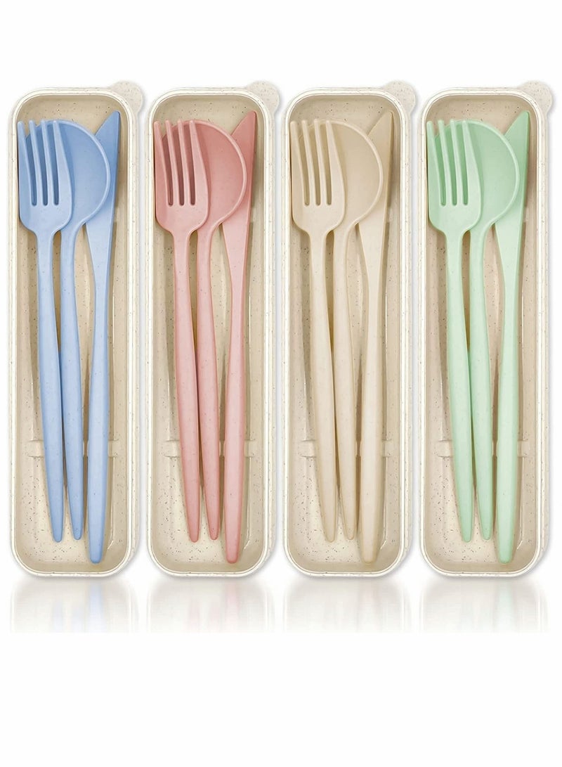 Cutlery, Cutlery Set, with Case, Eco-Friendly Reusable Portable Utensils Plastic Spoon Knife Fork for School Office Travel Picnic Camping Outdoor Use, 4 Colors