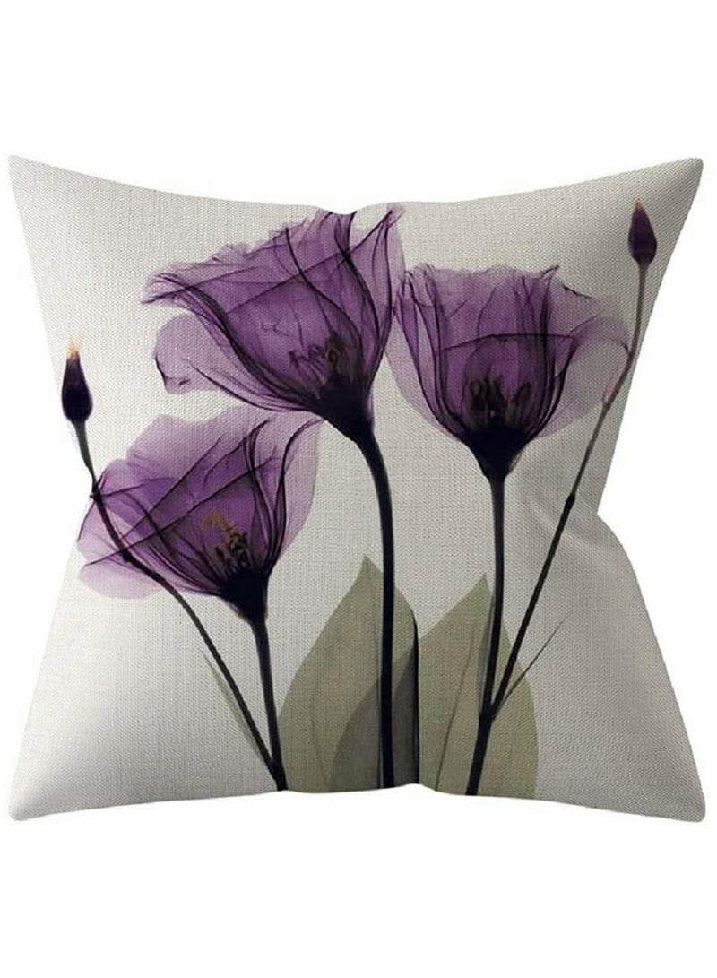 Throw Pillow Covers Set of 4 Purple Flower Cushion 18x18 inch Boho Linen Square Cover for Living Room Sofa Couch Bed Pillowcase 45cm x