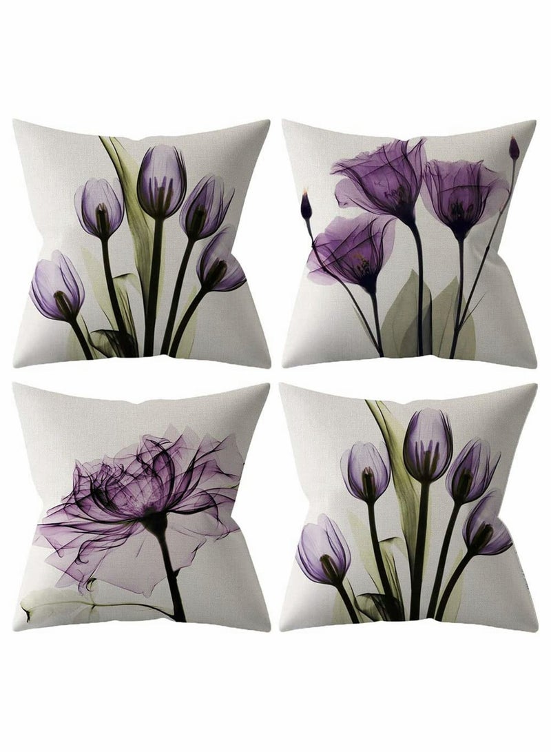 Throw Pillow Covers Set of 4 Purple Flower Cushion 18x18 inch Boho Linen Square Cover for Living Room Sofa Couch Bed Pillowcase 45cm x