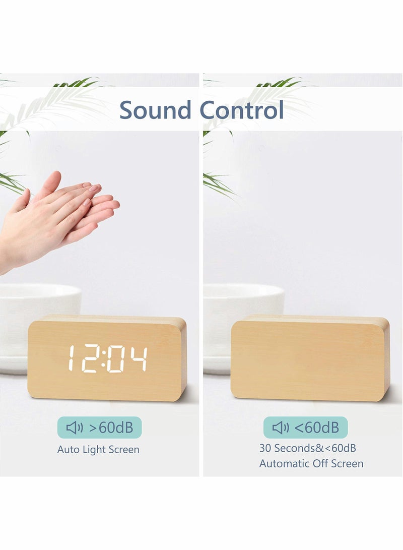 Wooden Alarm Clock with Wireless Charging Pad, LED Digital Large Date and Temperature Display, Sound Control, Adjustable Brightness, Suitable for Bedroom, Office, Bedside