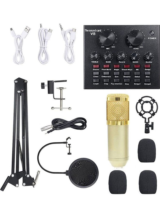 Professional Condenser Microphone Bundle with Live Sound Card, Studio Recording & Broadcasting Set Golden