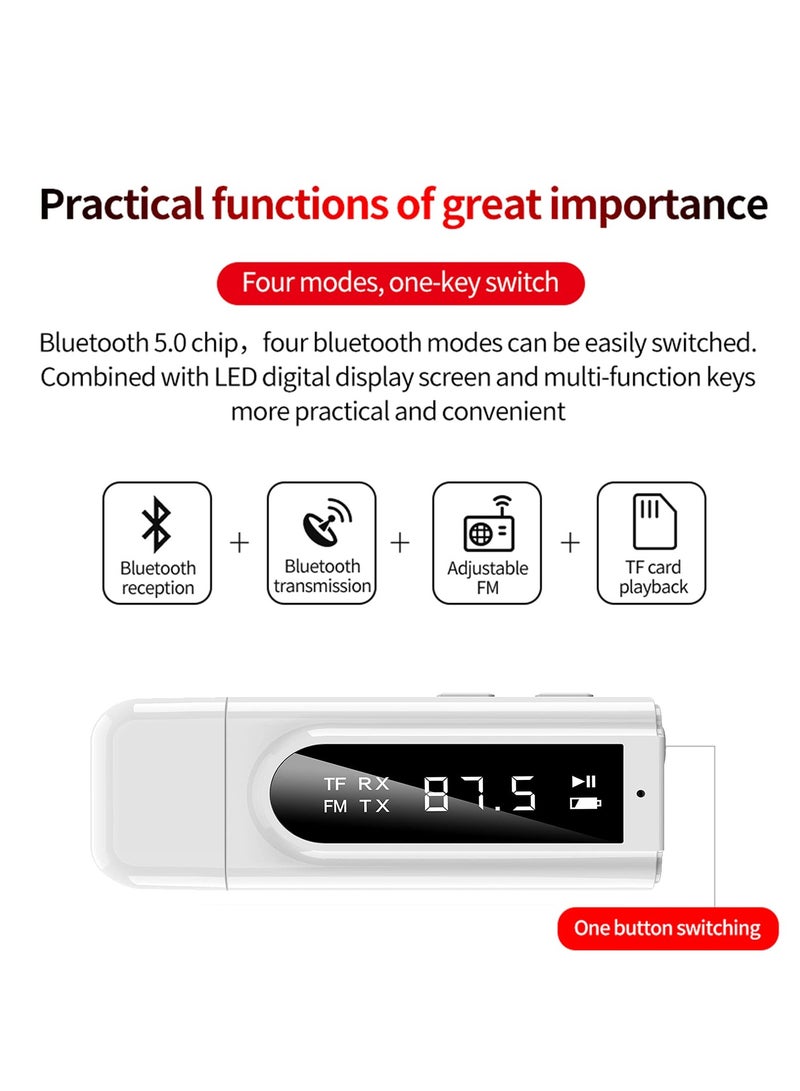 USB Bluetooth Transmitter Receiver with LCD Screen, 3 in 1 Bluetooth 5.0 Transmitter and Receiver Support TF Card & FM Transmit, 3.5mm Bluetooth Adapter for PC, TV, Headphones and Car