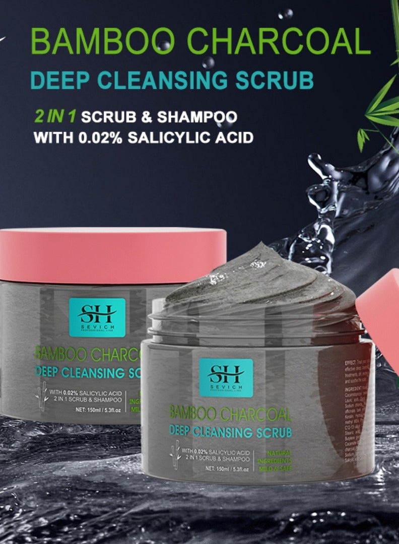 150ml 2 in 1 Bamboo Charcoal Deep Cleansing Scrub and Shampoo Hair Scalp Deep Cleaning Scrub and Shampoo with Bamboo Charcoal Salicylic Acid Deep Cleans Dirt and Controls Oils Scalp Inflammation Scrub