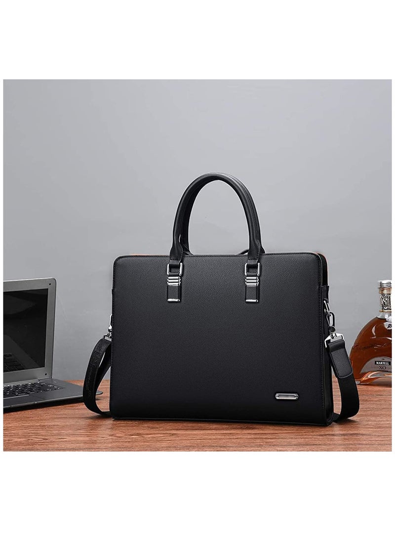 Black Business Bag Leather Briefcase Shoulder Laptop Office Bag Messenger Bag Removable and Adjustable Shoulder Strap Travel Bag for Men