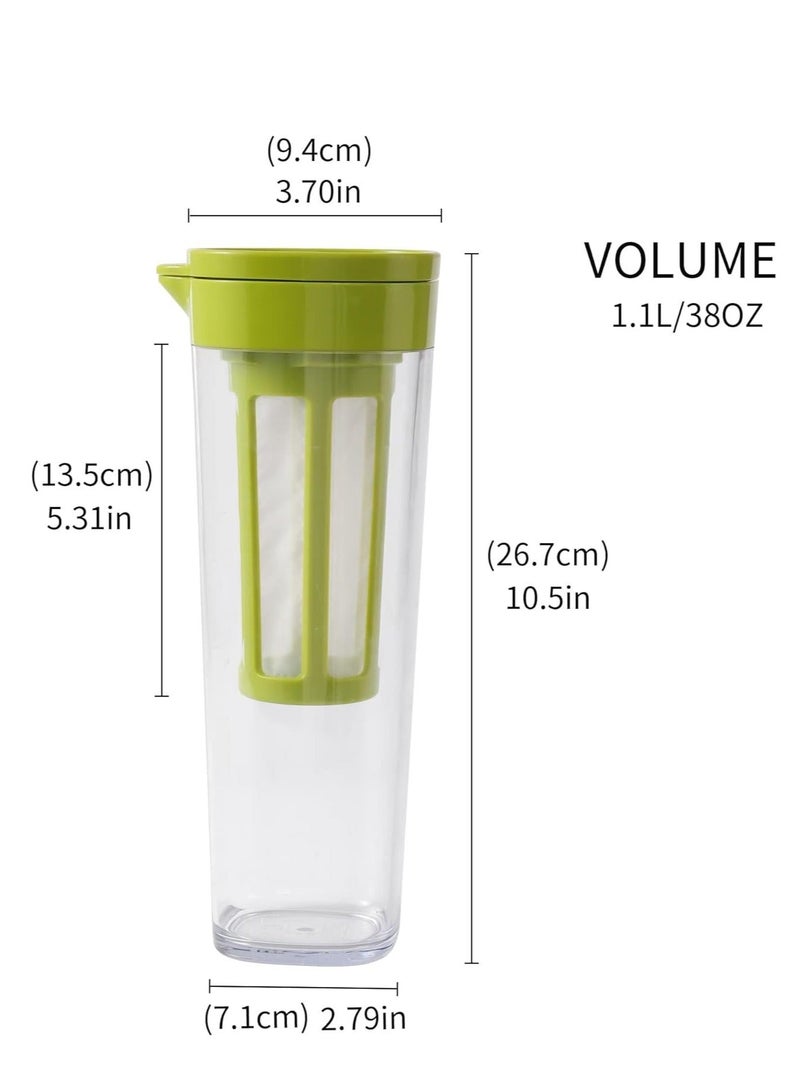 Plastic Fruit Infuser Water Pitcher with Removable Lid, 2Pcs Pitcher, Airtight for Fridge Door,Homemade Iced Coffee and Lemonade 1.1L/38Oz, White/Green