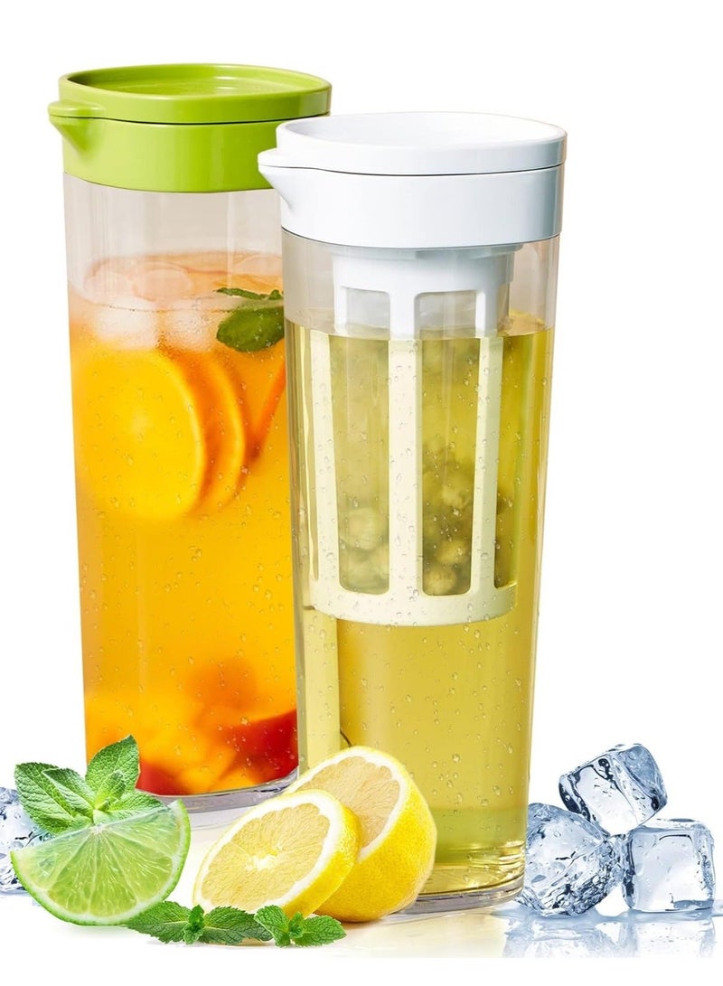 Plastic Fruit Infuser Water Pitcher with Removable Lid, 2Pcs Pitcher, Airtight for Fridge Door,Homemade Iced Coffee and Lemonade 1.1L/38Oz, White/Green