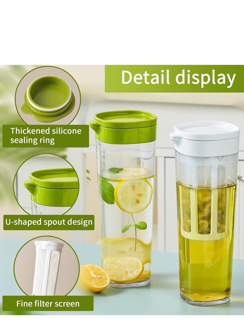 Plastic Fruit Infuser Water Pitcher with Removable Lid, 2Pcs Pitcher, Airtight for Fridge Door,Homemade Iced Coffee and Lemonade 1.1L/38Oz, White/Green