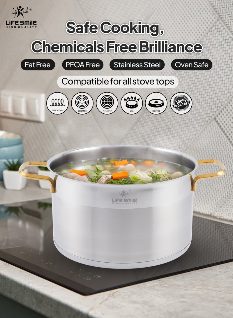 Premium 18/10 Stainless Steel Cookware Set - Pots and Pans Set Induction 3-Ply Thick Base Kitchen Cooking Set for Even Heating Includes Casserroles 16/20/24cm and Frying Pan 28cm - Oven Safe