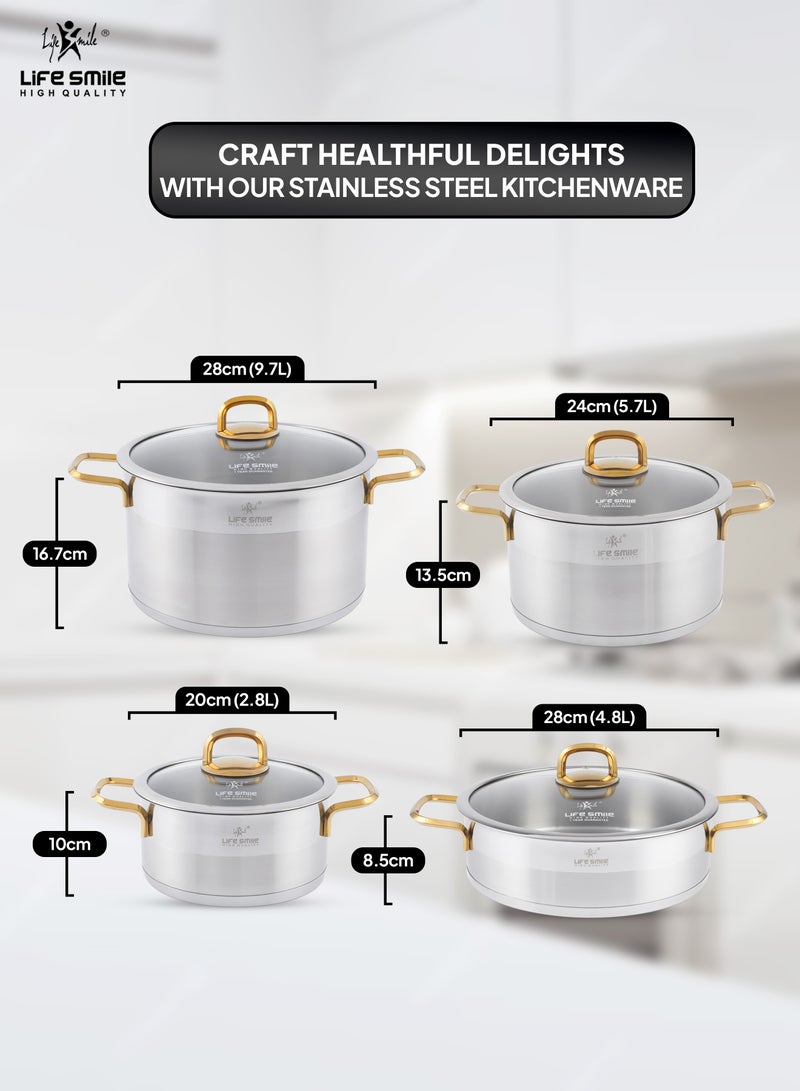 Premium 18/10 Stainless Steel Cookware Set - Pots and Pans Set Induction 3-Ply Thick Base Kitchen Cooking Set for Even Heating Includes Casserroles 16/20/24cm and Frying Pan 28cm - Oven Safe