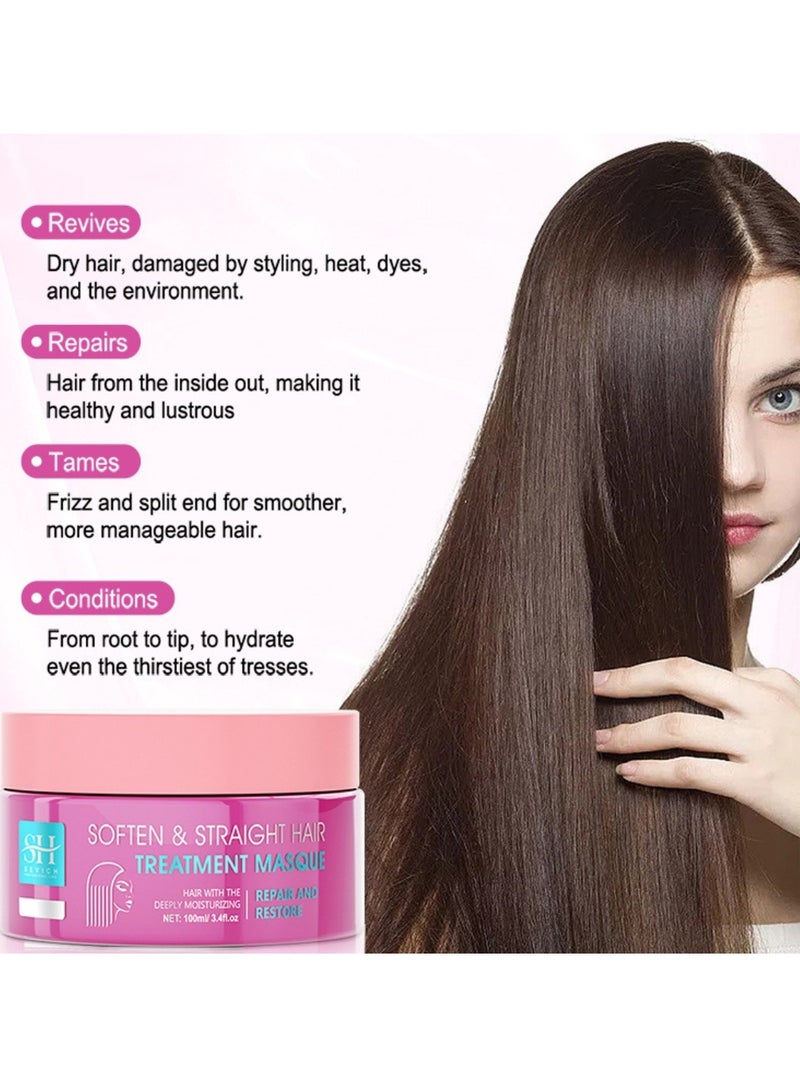 100ml Soften and Straight Hair Treatment Mask Repair and Restore Dry Damaged Hair Follicles Deeply Moisturizing Hydrating Hair Treatment Mask Smoother Softer Stronger and Straightener Hair Mask